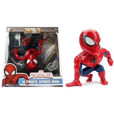 Figura colecionável do Homem-Aranha com caixa à esquerda e figura fora da caixa à direita