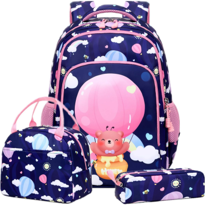 Conjunto de mochila, bolsa e estojo infantil com padrão de balões, nuvens e urso rosa