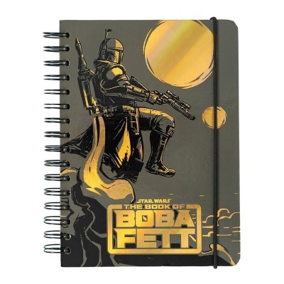 Caderno espiral preto e dourado com Boba Fett e texto Star Wars