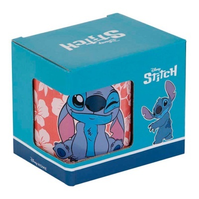 Caneca Disney Stitch com embalagem azul e padrão floral