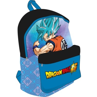Mochila Dragon Ball Super com personagem de cabelo azul e bolso frontal com logótipo
