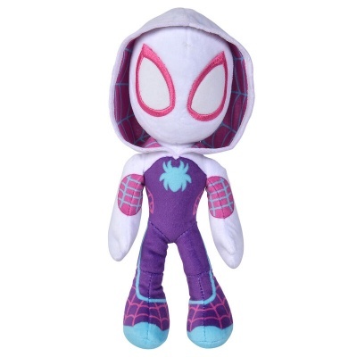 Boneco de peluche Spider-Gwen com roupa roxa e capuz branco