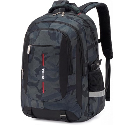Mochila urbana camuflada cinza escuro e preto com vários compartimentos e bolso lateral em rede