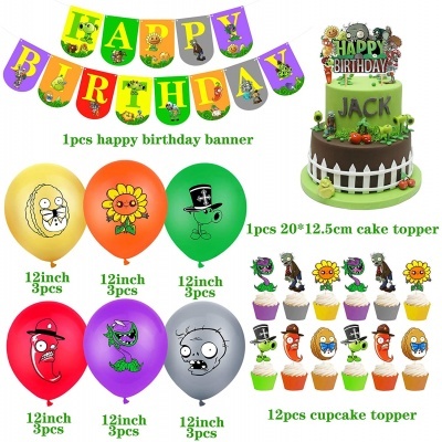 Decoração de aniversário com faixa, balões coloridos, cake toppers e toppers para cupcakes com personagens de jogo