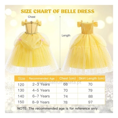 Vestido amarelo para criança com gráficos de tamanho e medidas em centímetros.