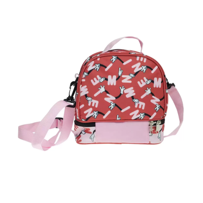 Mala de ombro pequena vermelha com padrão de letras e mãos e alças rosas