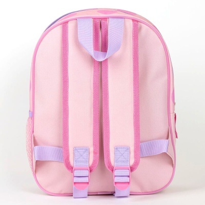 mochila infantil rosa com alças lilás em fundo branco