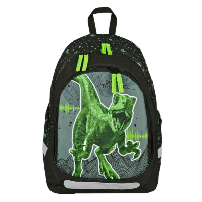 Mochila preta com imagem de dinossauro verde e detalhes em verde fluorescente