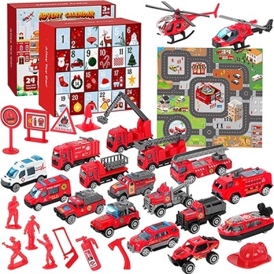 Brinquedos de veículos de bombeiros vermelhos com calendário de advento e tapete rodoviário