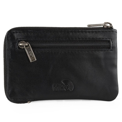 Carteira preta de couro com fechos de correr metálicos e símbolo RFID em relevo