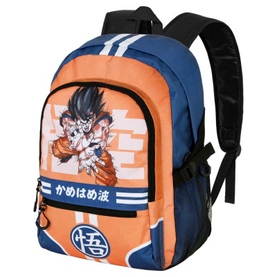 Mochila azul e laranja com estampa anime e texto em japonês