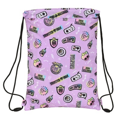 Mochila de cordão lilás com padrão estampado colorido e textos MONSTER HIGH e OH ZAPS