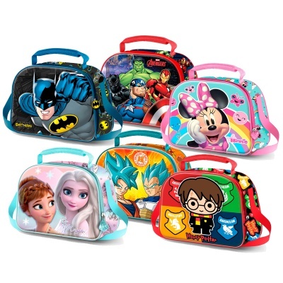 Seis malas infantis com personagens de desenhos animados e filmes famosos.