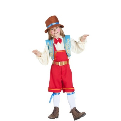 Fato infantil colorido com colete azul bordado e chapéu castanho