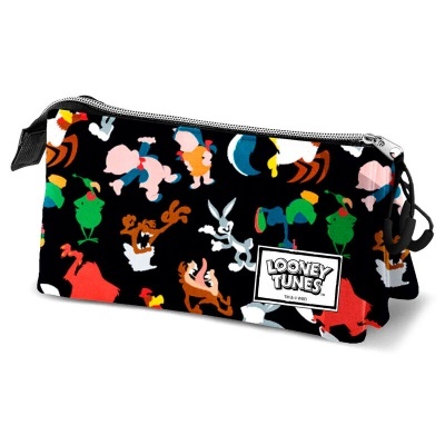 Estojo preto com personagens Looney Tunes coloridos e fecho prateado