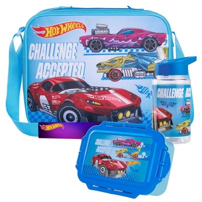 Conjunto Hot Wheels com bolsa, garrafa e caixa para alimentos