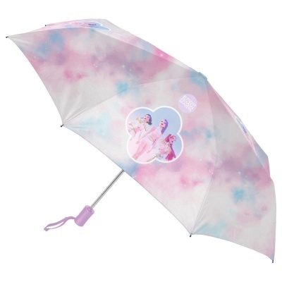 Guarda-chuva colorido com imagem de personagens femininas e texto K/DA ALL OUT NEVER HUNTED