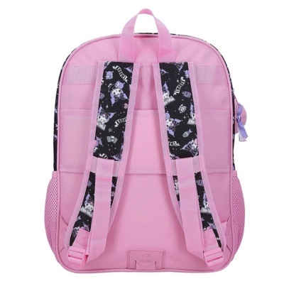 Mochila rosa vista de trás com alças estampadas em preto e lilás