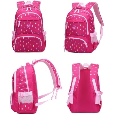 Mochila rosa com gotas coloridas vista de vários ângulos