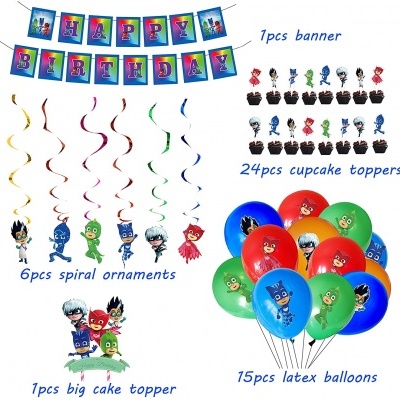 Conjunto de decoração de festa infantil com faixa, toppers para cupcakes, ornamentos espirais, topper grande para bolo e balões coloridos com personagens