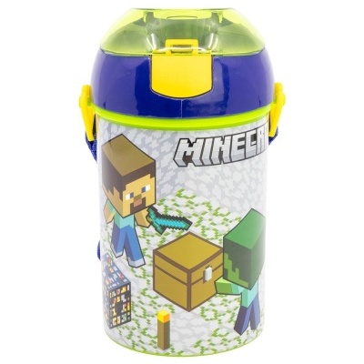 Garrafa de plástico decorada com tema Minecraft e tampa azul e verde