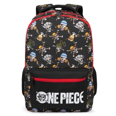 Mochila preta com padrão de caveiras e texto ONE PIECE na frente