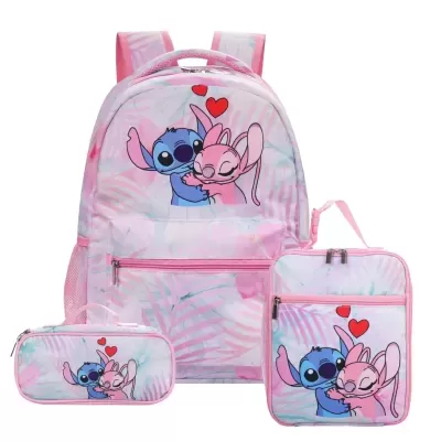 Conjunto mochila, lancheira e estojo com estampa dos personagens Stitch e Angel abraçados