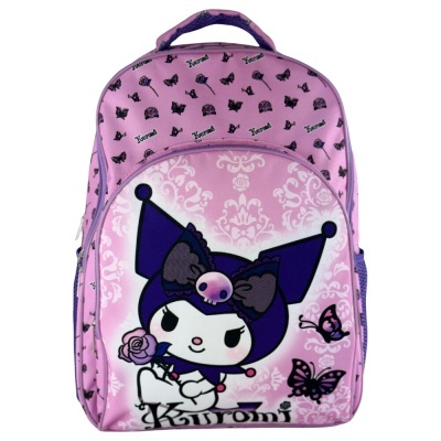 Mochila rosa com personagem Kuromi e padrão de borboletas e rosas