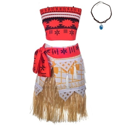 Conjunto fantasia vermelho e branco com saia de franjas e colar azul