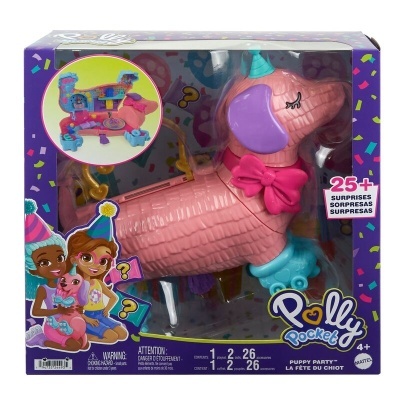 Brinquedo Polly Pocket Puppy Party com cão piñata rosa e azul em embalagem colorida