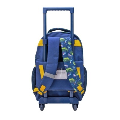 mochila de rodas azul com detalhes amarelos e correia estampada de dinossauros