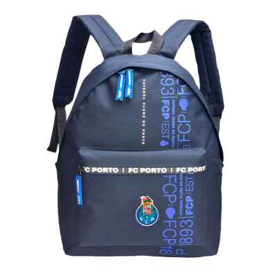 Mochila azul escura com logótipos e texto do FC Porto