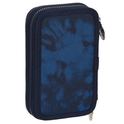 Estojo azul com padrão tie-dye e fecho de correr