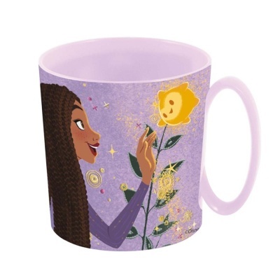 Caneca lilás com ilustração de mulher e flor amarela