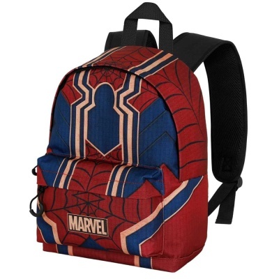 Mochila Homem-Aranha Marvel em vermelho, azul e bege com logo frontal