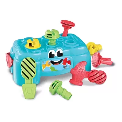 Brinquedo educativo azul com ferramentas coloridas em plástico