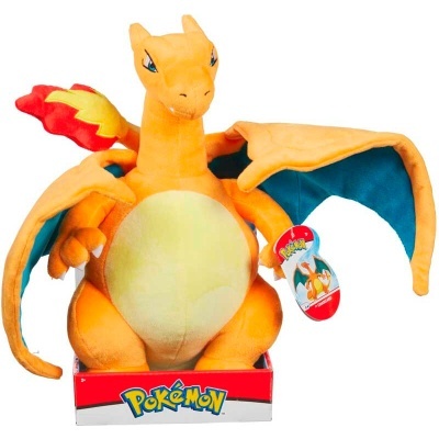 Peluche Charizard Pokémon laranja com asas e chamas
