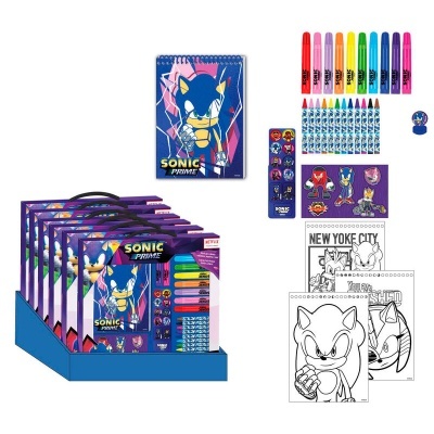 Conjunto de material escolar Sonic Prime colorido com cadernos e materiais para desenhar