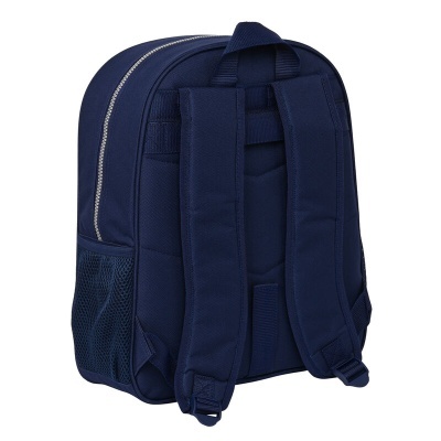 Mochila azul escura com alças acolchoadas e bolso lateral em rede