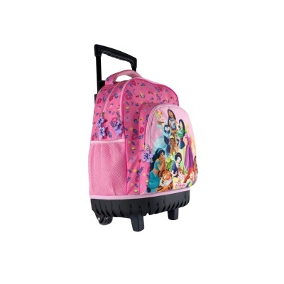 Mochila de rodinhas rosa com ilustração das Princesas Disney e padrão floral