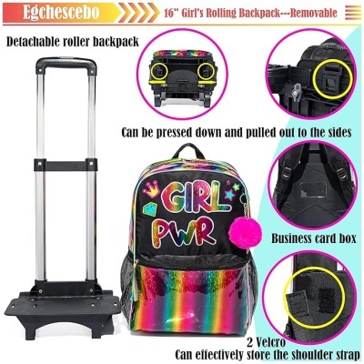 Mochila colorida com rodinhas destacável para meninas com texto GIRL PWR e alça retrátil