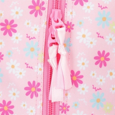 Fecho de correr rosa com fita em laço num tecido rosa com padrão floral colorido