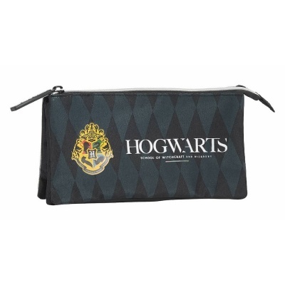 Estojo escolar preto com brasão de Hogwarts e texto HOGWARTS