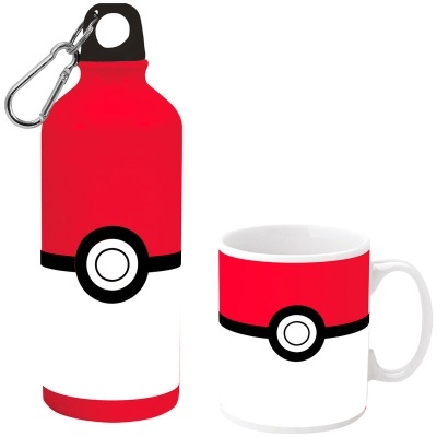 Garrafa e caneca com padrão de Pokébola vermelho, branco e preto
