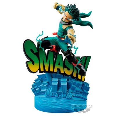 Estátua de personagem animado com roupa verde e base azul e palavra SMASH!