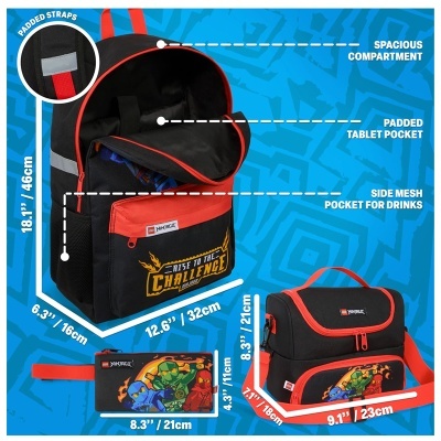 Conjunto LEGO Ninjago mochila, mala térmica e estojo com personagens, preto e vermelho.