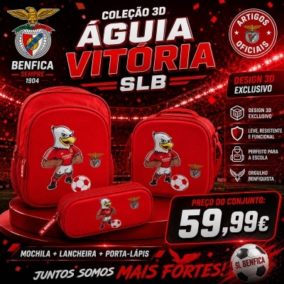Conjunto mochila, lancheira e porta-lápis vermelhos do SL Benfica com águia cartunesca e bola de futebol