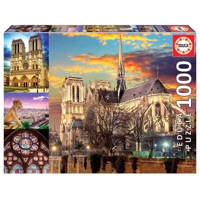 Caixa de puzzle EDUCA de 1000 peças com imagens da Catedral de Notre Dame.