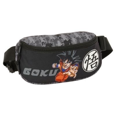 Bolsa de cintura preta com imagem de Goku e texto GOKU