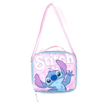 Mala infantil quadrada rosa com personagem Stitch e texto